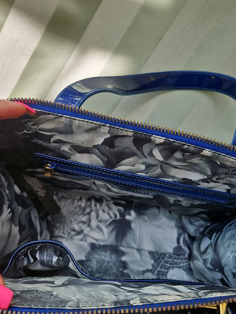 Ted Baker London Navy Patent Satchel with Gold Hardware, Authentic